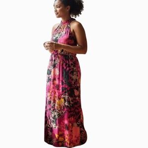 London Times Womens Maxi Sz 12 Pink Floral Halter Dress Sundress Beach Resort